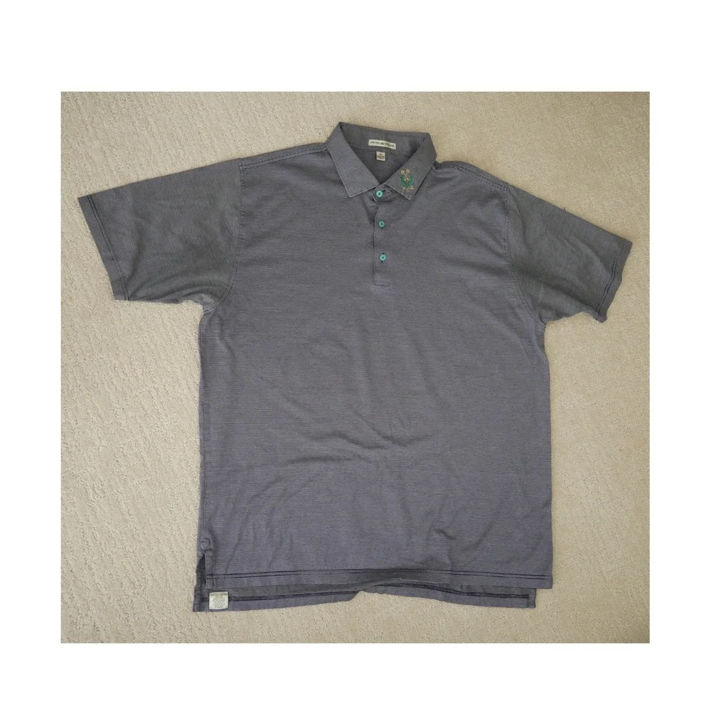 Peter Millar Mens XL Navy Blue White Striped Cotton Polo PCG‎ Crest Golf Shirt